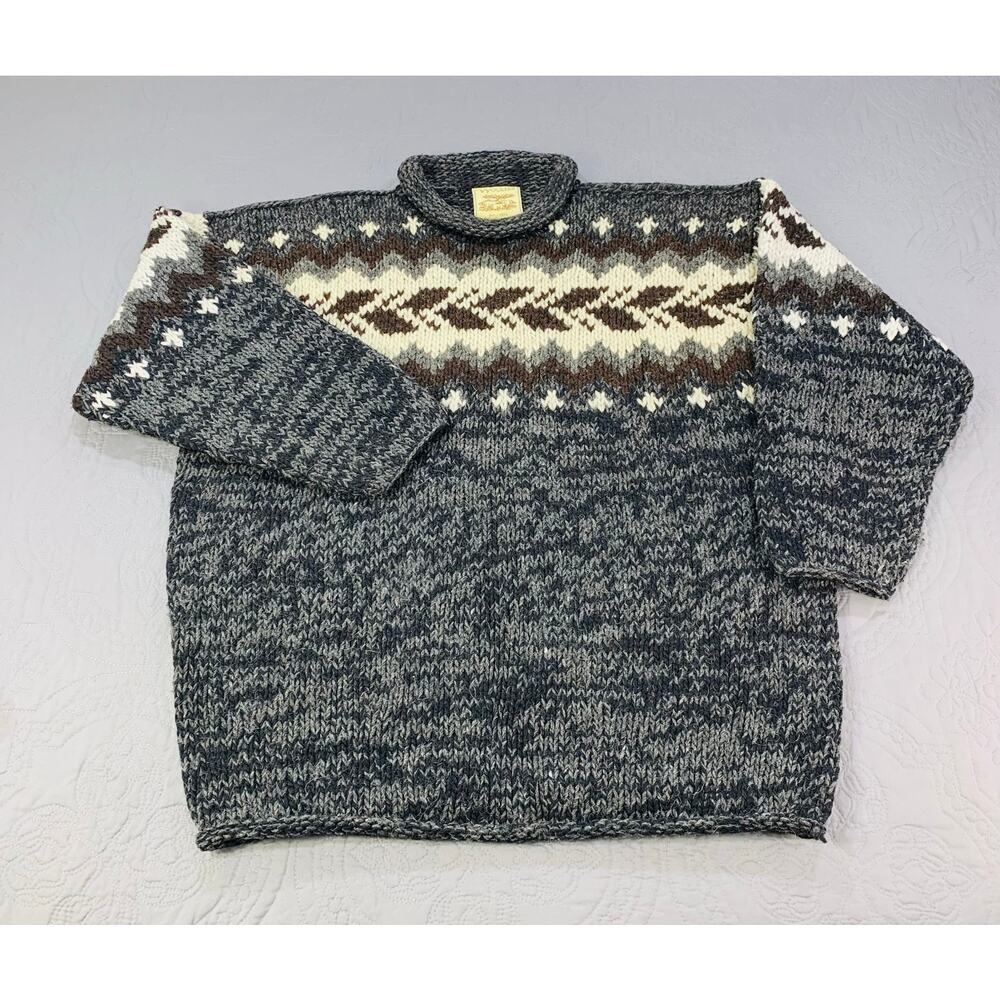 Vintage Woolies Sweater Knit Nordic Fair Isle Grey 3/4 Sleeve One‎ Size Wool